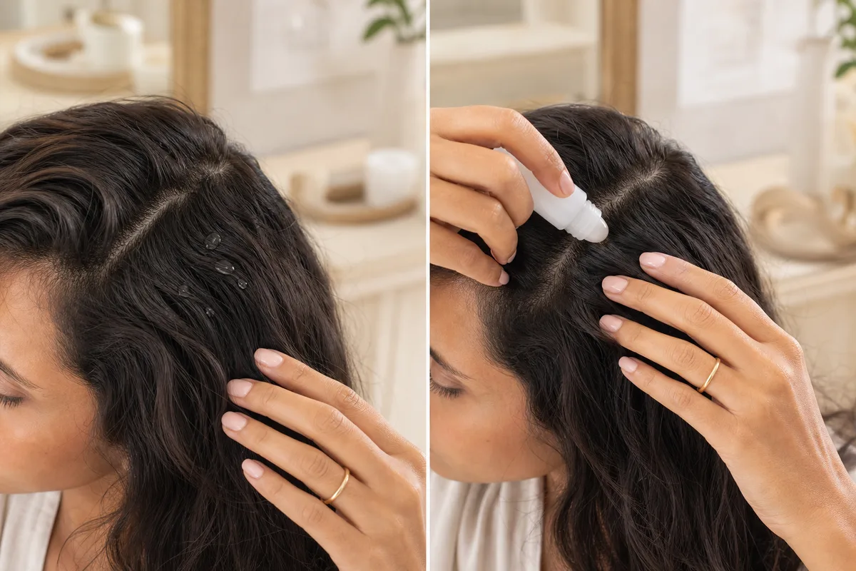 Exemple illustré en deux vues : sérum déposé sur les cheveux près des racines, puis roll-on appliqué directement sur la raie du cuir chevelu