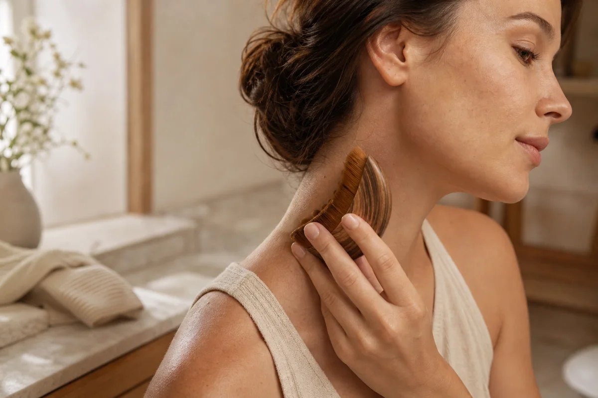Brosse ORVOVA appliquée légèrement sur le côté du cou, sous l’oreille